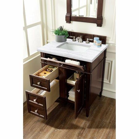 James Martin Vanities Brittany 30in Single Vanity, Burnished Mahogany w/ 3 CM Arctic Fall Solid Surface Top 650-V30-BNM-3AF